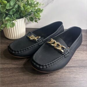 Chic Black Loafers with Gold Chain Detail
